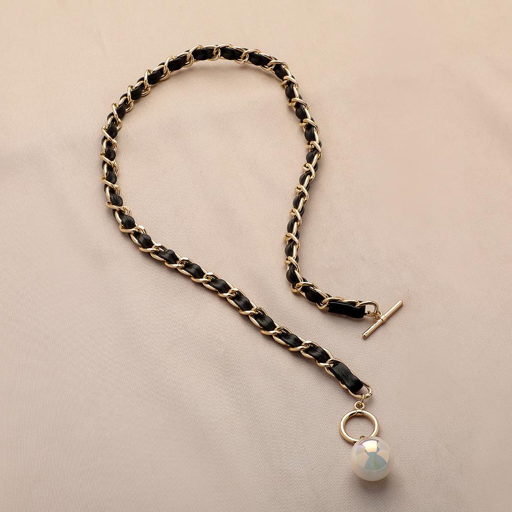 Fashionable Mermaid Bead Braided Leather Rope OT Buckle Short Necklace Niche Design Clavicle Chain Ladies Necklace