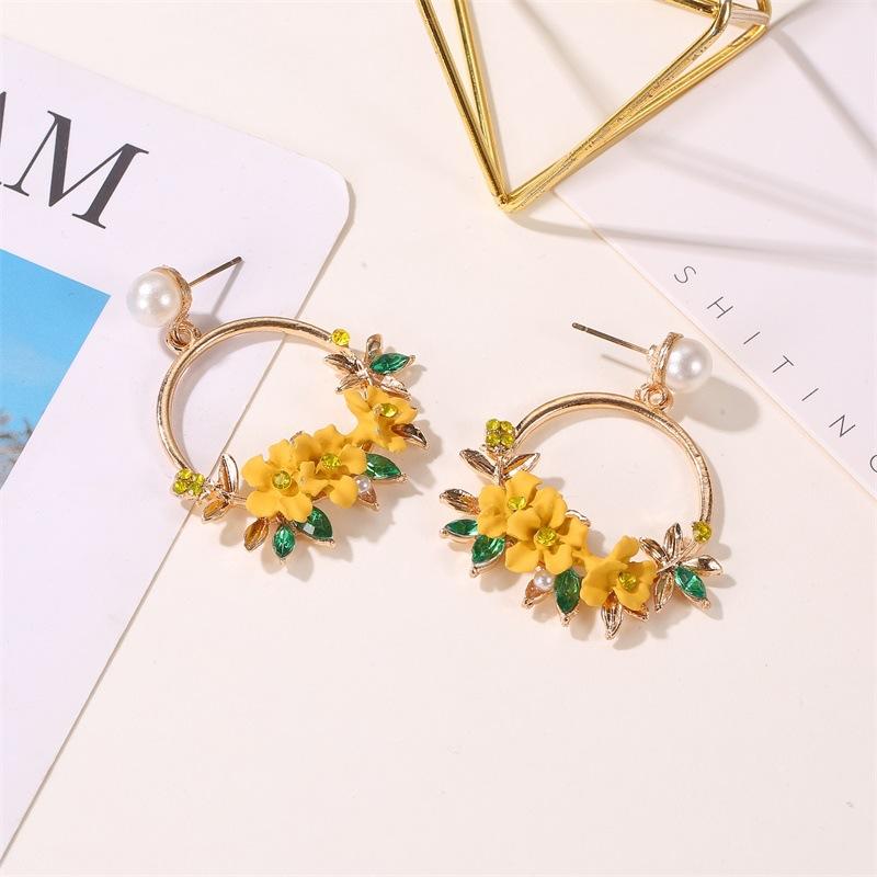 Ins sweet flower earrings net red same temperament color wreath pearl earrings female earrings