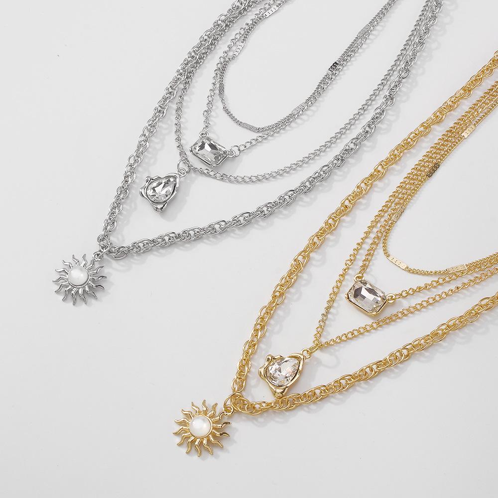 N9432 multi-layer chain necklace sun water drop pendant necklace trendy street photography diamond necklace female