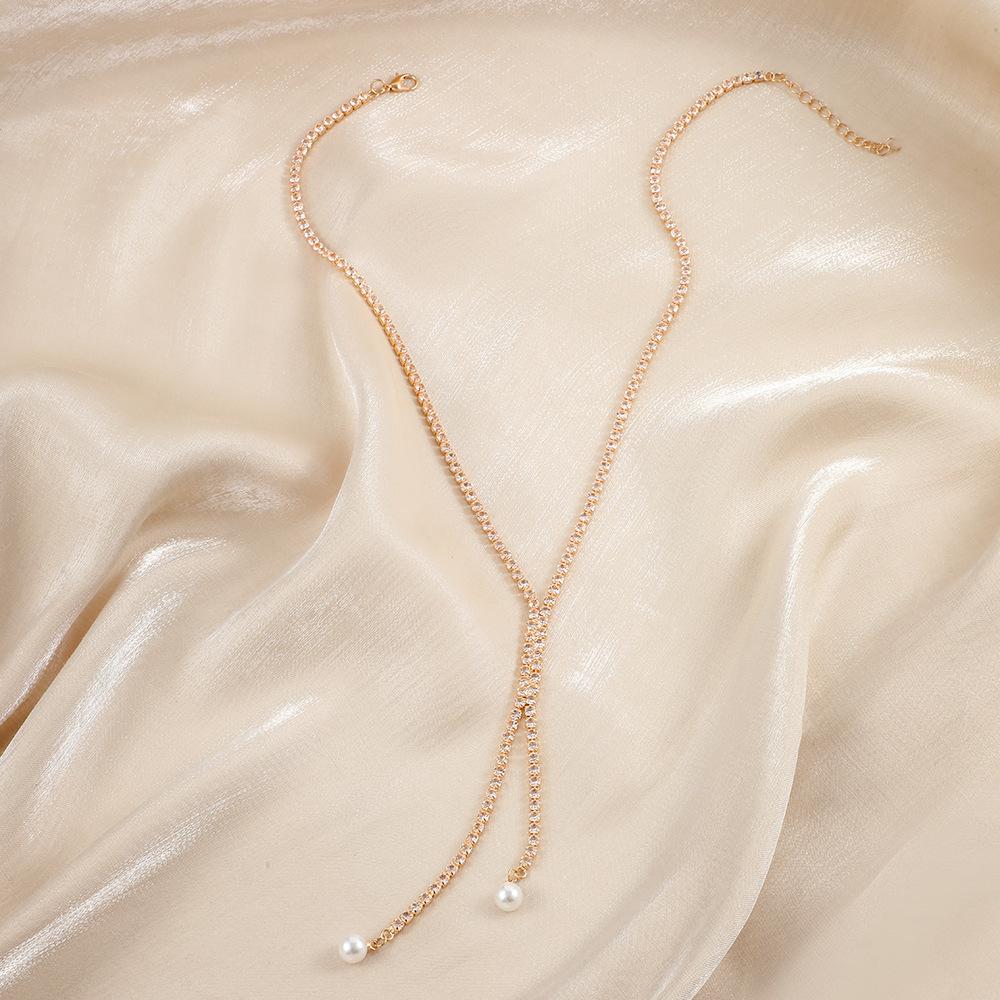 Fashion simple tassel full diamond pearl necklace light luxury super flash niche design irregular clavicle chain
