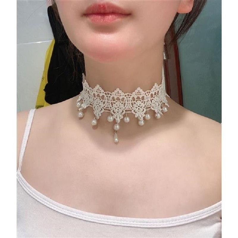 Retro super fairy white lace pearl pendant collar choker sweet and gentle short neck strap clavicle chain