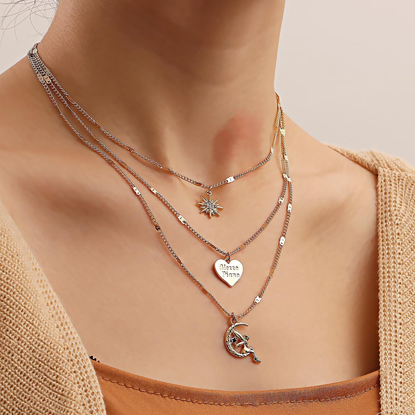 Jewelry fashion multi-layer gold retro love necklace niche design octagon clavicle chain