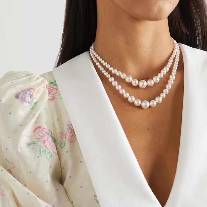 Jewelry retro double-layer beaded imitation pearl necklace femininity geometric niche round bead necklace