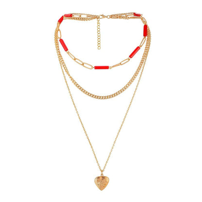 Retro three-layer stacked personalized crystal tube chain peach heart necklace creative openable love photo box pendant