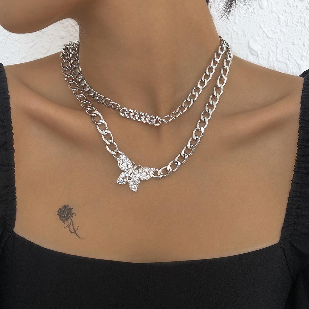 N8917 Double-layer trendy money ornament full diamond butterfly Cuban chain necklace exaggerated temperament geometric chain necklace
