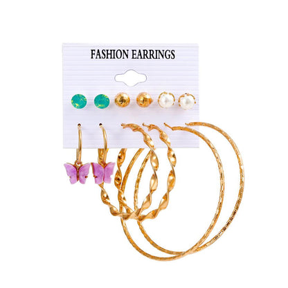 Pearl Earring Set Fashion Butterfly Earrings Metal Geometric Hoop Earrings Six-Piece Set