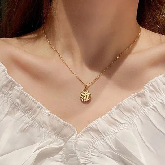 Fu word hi word double-sided blessing brand titanium steel necklace female gold color clavicle chain version ins jewelry