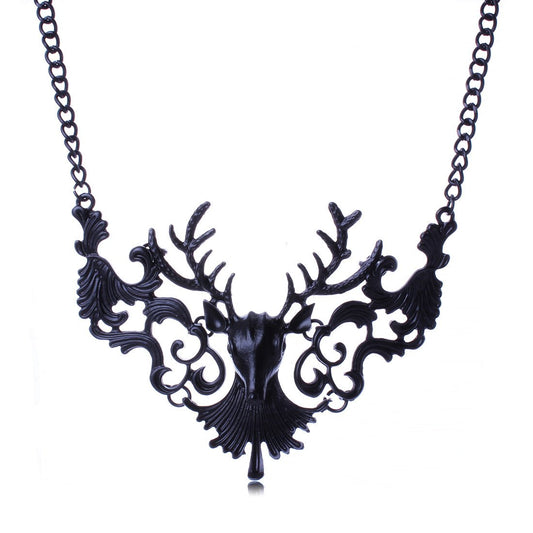 XL5814 Street Fashion Exaggerated Retro Metal Hollow Sika Deer Head Christmas Necklace Clavicle Chain