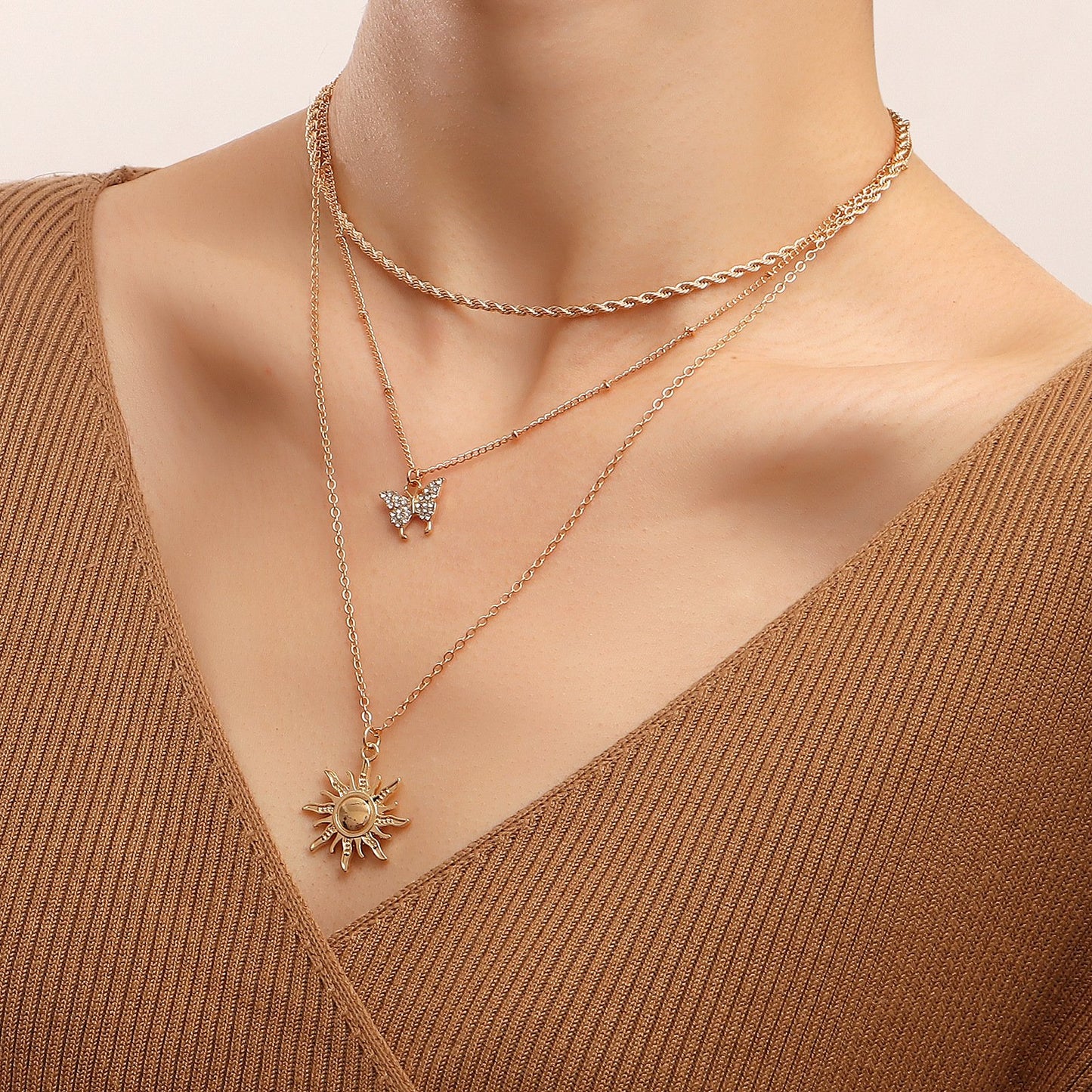 Jewelry trend double-layer micro-inlaid diamond butterfly sun pendant necklace female ins metal pendant