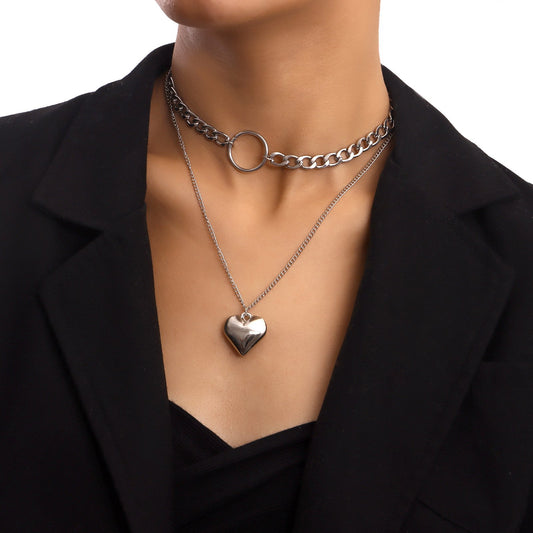 Jewelry Double Cuban Chain Ring Love Pendant Necklace Feminine Trendy Small Fragrance Necklace
