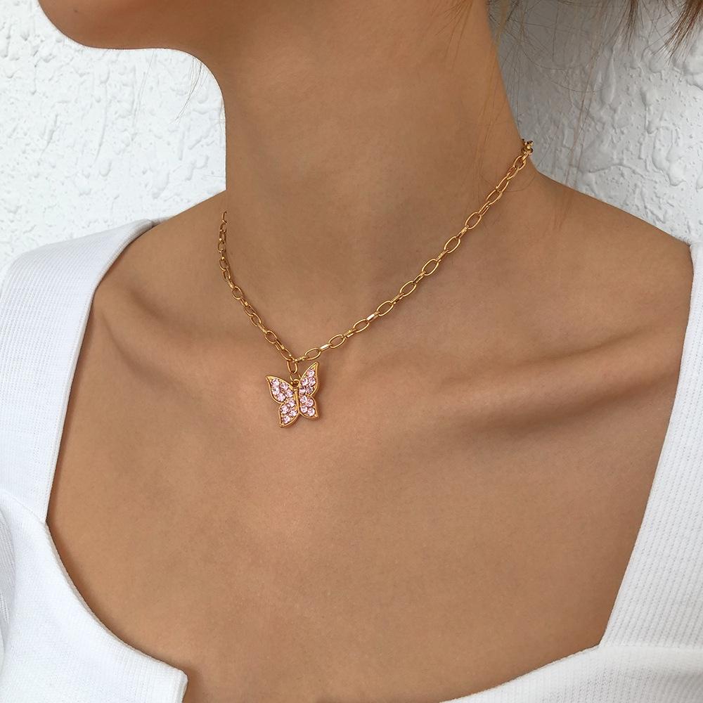 N9514 Jewelry Simple Single Layer Butterfly Full Diamond Clavicle Necklace Sweet Girly Necklace