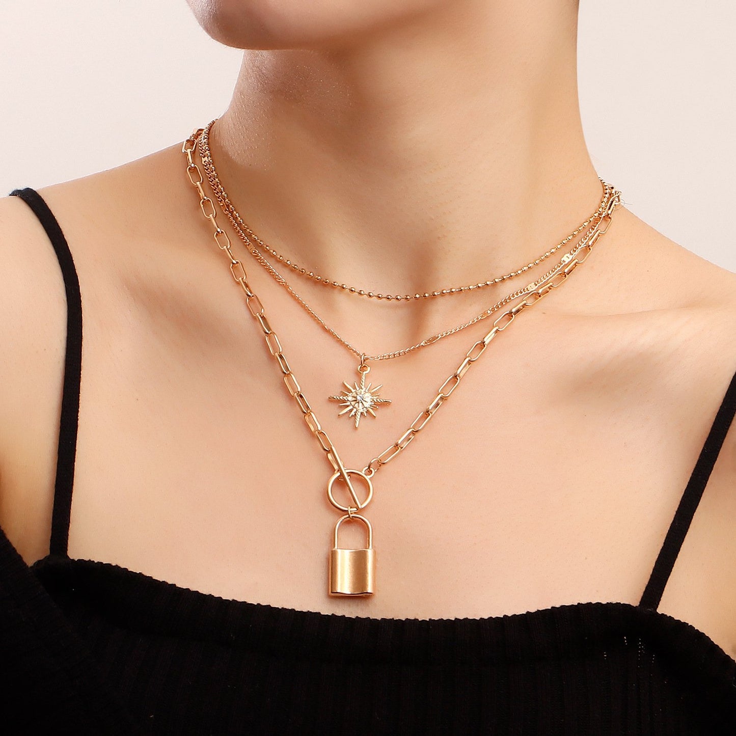 Niche Padlock Metal Exaggerated Ball Clavicle Chain Fashion Octagram Multi-layered Necklace Accessories