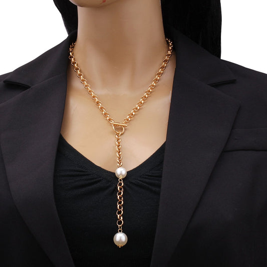 Fashion Pearl Long Pendant Necklace Ladies Punk OT Buckle Metal Chain Pearl Necklace
