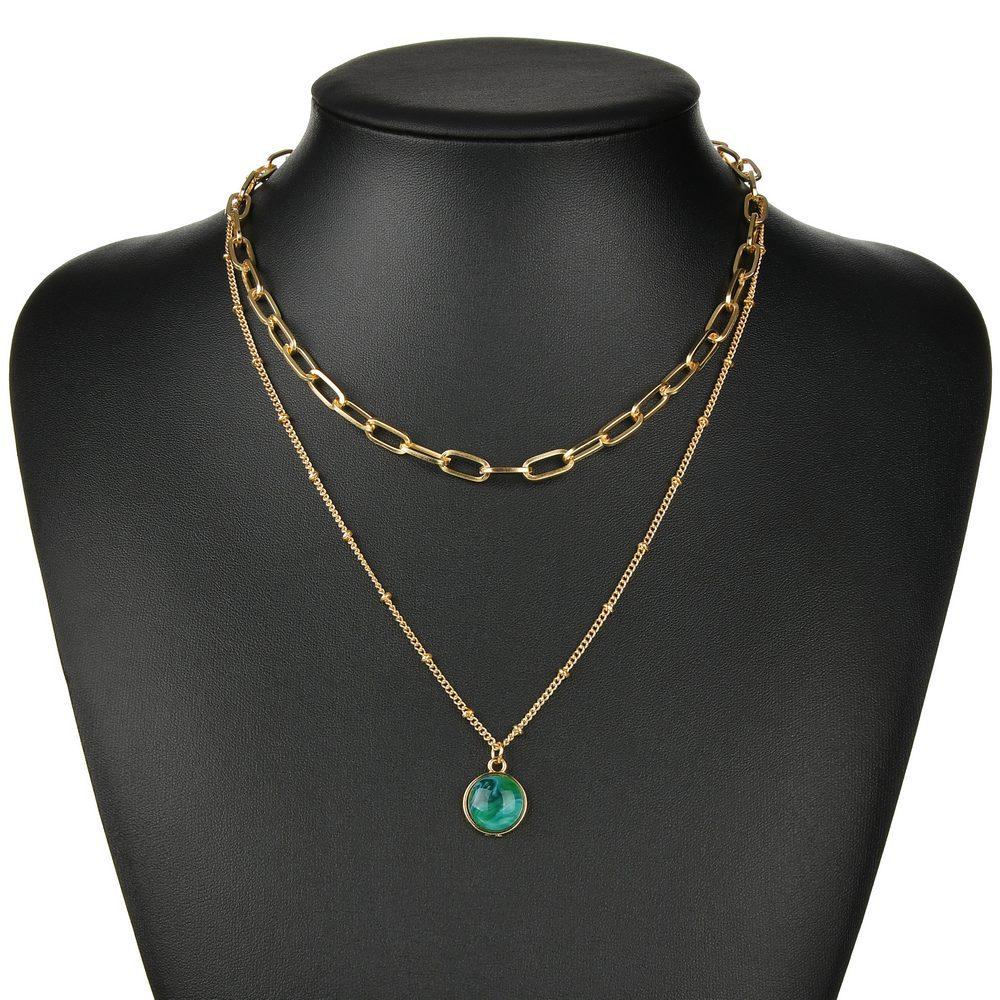 Fashion Vintage Double Layer Necklace Women Green Accessories Pendant Necklace Accessories