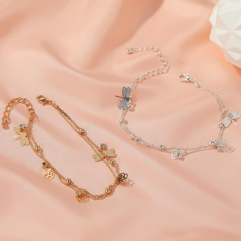 Summer Beach Foot Decoration Temperament Rose Dragonfly Anklet Fashion Ladies Double Layer Anklet