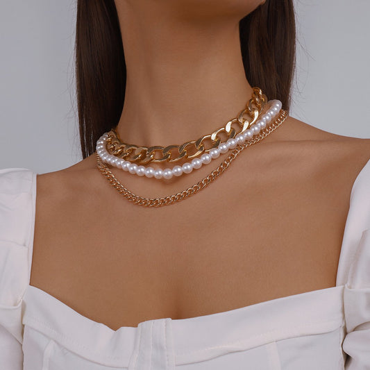 N148 Multilayer Necklace Retro Simple Personality Necklace Imitation Pearl Sweet Cool Popular Necklace