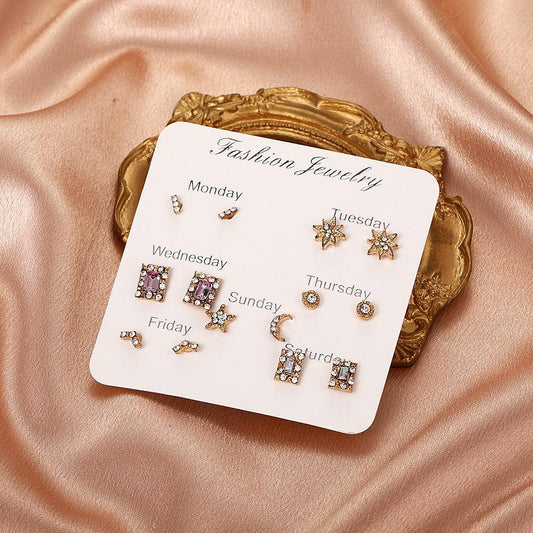 Small and exquisite week week diamond star stud earring set fashion simple design student ear jewelry