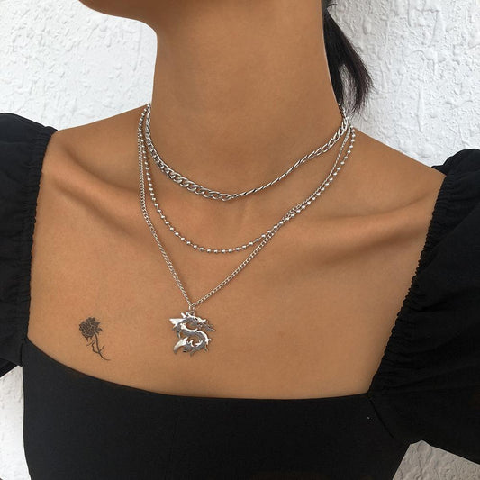 N8992 Exaggerated Multilayer Necklace Female Dragon Totem Bead Cuban Chain Necklace Retro Geometric Creative Necklace