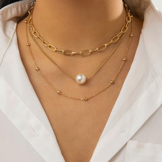 Jewelry Hip Hop Simple Metal Chain Clavicle Necklace French Multilayer Chain Imitation Pearl Necklace Female