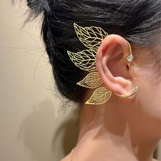 Retro hollow leaf ear hanging female Mori super fairy without ear piercing wing ear bone clip ins fashion elf ear clip tide