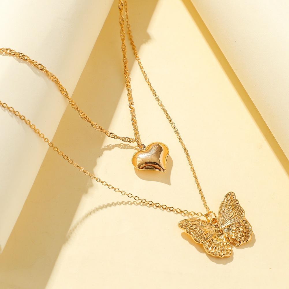Love Butterfly Hanging Clavicle Pendant Simple Peach Heart Shaped Fashion Metal Double Layer Necklace Jewelry