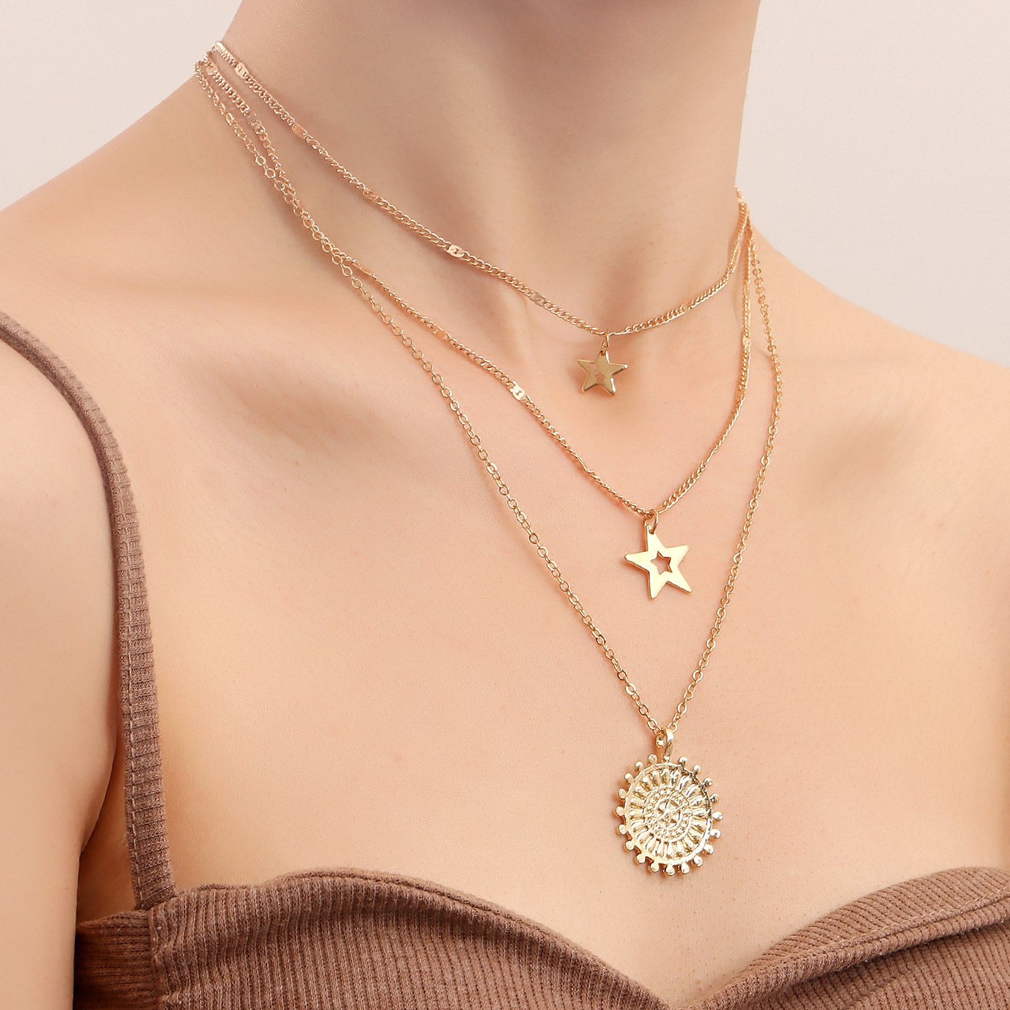Jewelry punk multi-layer pentagram geometric pendant necklace female niche design high-end necklace