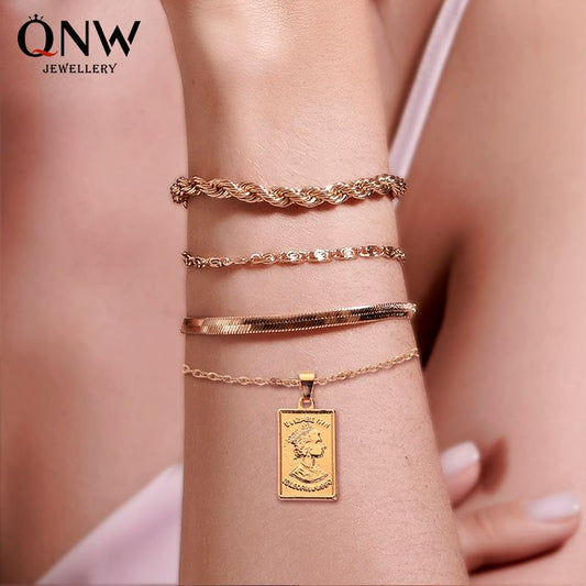 Fashion Four-piece Bracelet Twist Chain Portrait Pendant Bracelet Women's Four-piece Combination Jewelry