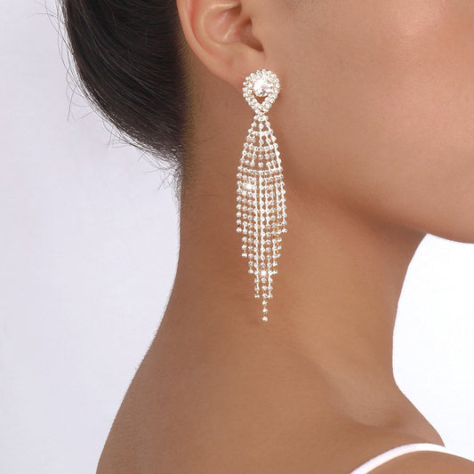 E1536 Jewelry Exaggerated Temperament Tassel Rhinestone Earrings Water Drop Drill Niche Cold Earrings