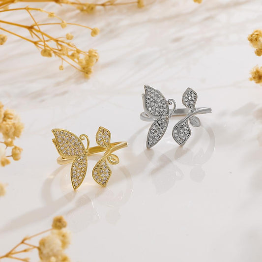 Ins full diamond butterfly ring female fashion light luxury niche design leaf ring geometric opening index finger ring