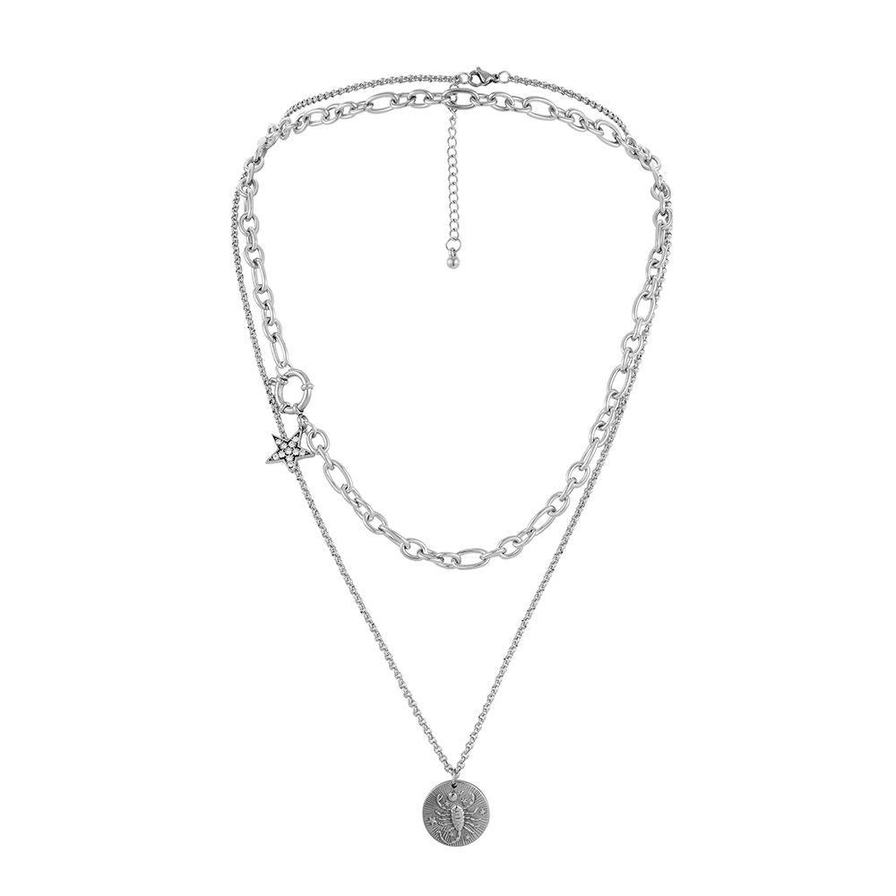 Trendy men's high-end stacked double-layer stainless steel Scorpio five-pointed star scorpion necklace oil pressure pendant