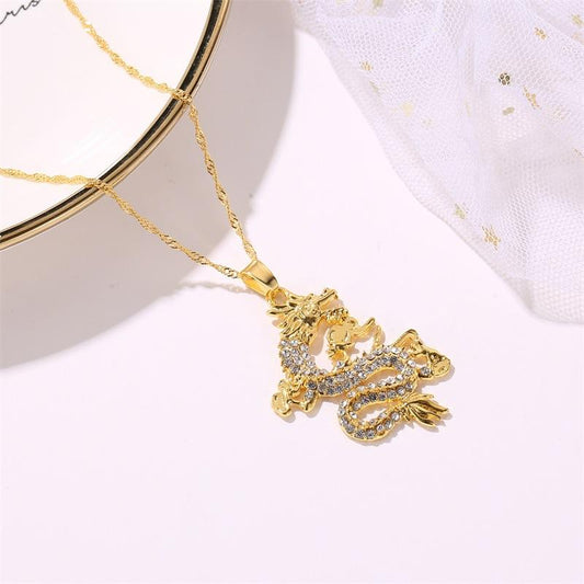 New Year Popular Jewelry Classic Diamond Golden Dragon Pendant Domineering Chinese Dragon Sweater Chain Zodiac Flying Dragon Necklace