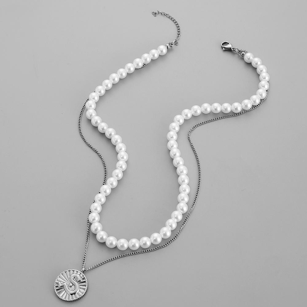 Trend collocation double-layer stainless steel embossed coin pendant double-layer pearl collarbone chain necklace men