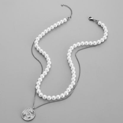 Trend collocation double-layer stainless steel embossed coin pendant double-layer pearl collarbone chain necklace men