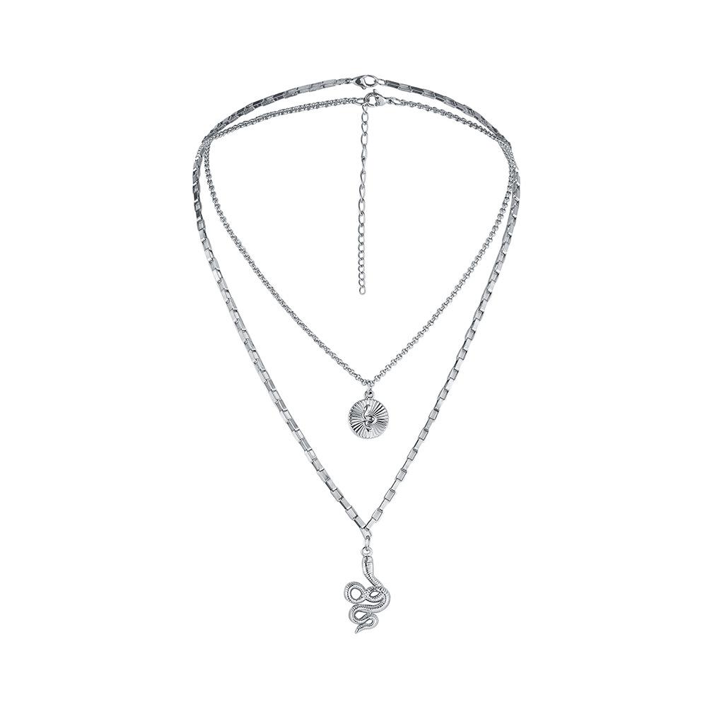 Domineering men's simple personality double-layer stainless steel coin totem pendant niche design snake stacked necklace