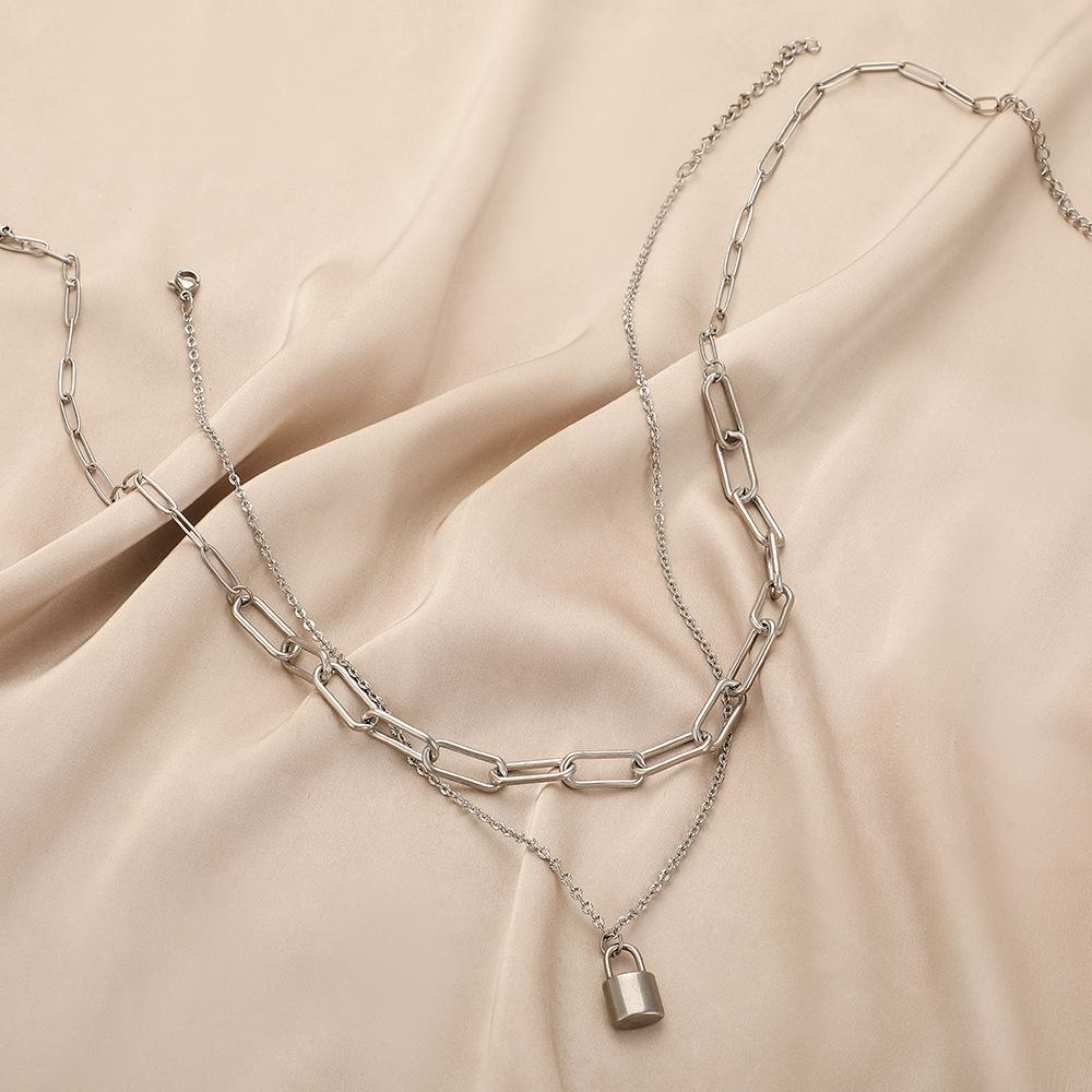 Fashionable and simple double-layer stacked stitching neutral cold stainless steel lock necklace
