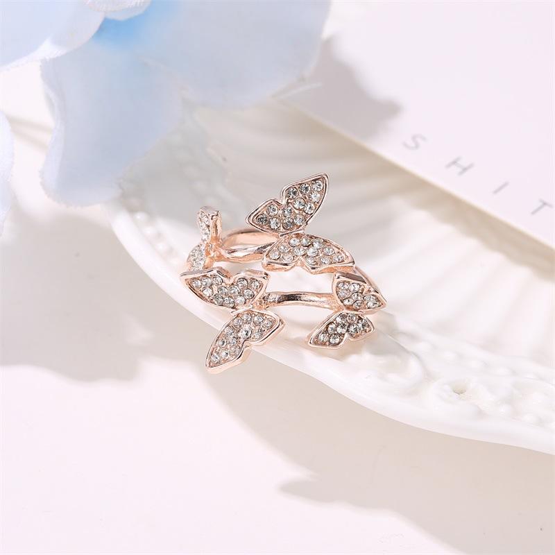 Fashion Jewelry Temperament Full Diamond Four Butterfly Ring Net Red Light Luxury Index Finger Open Ring