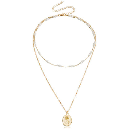 Jewelry Fashion Double Imitation Pearl LOVE Rose Pendant Necklace Women's Trendy Matching Accessories