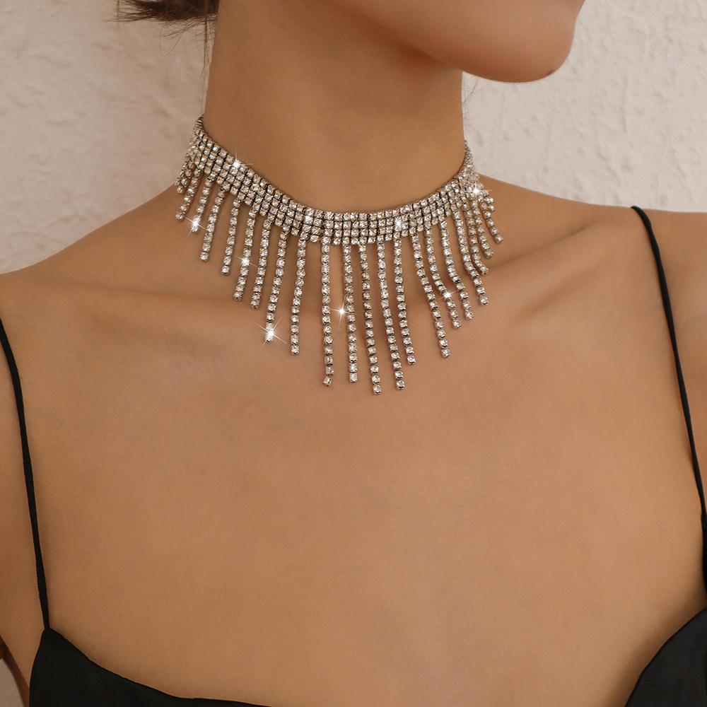 N9883 fashion tassel full diamond necklace French light luxury temperament necklace niche creative clavicle chain
