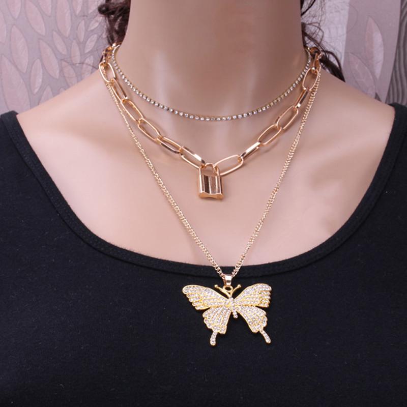 Jewelry Retro Geometric Lock Shape Simple Chain Multilayer Necklace Big Butterfly Micro-inlaid Set
