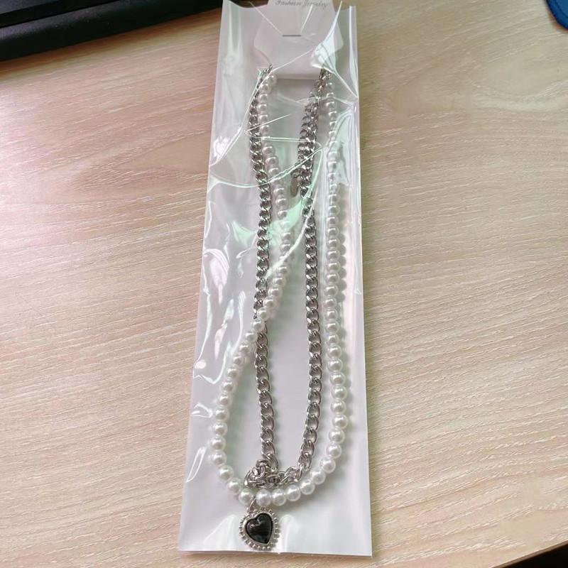 Stainless steel color-preserving black love necklace ins pearl clavicle chain necklace retro double temperament net red necklace