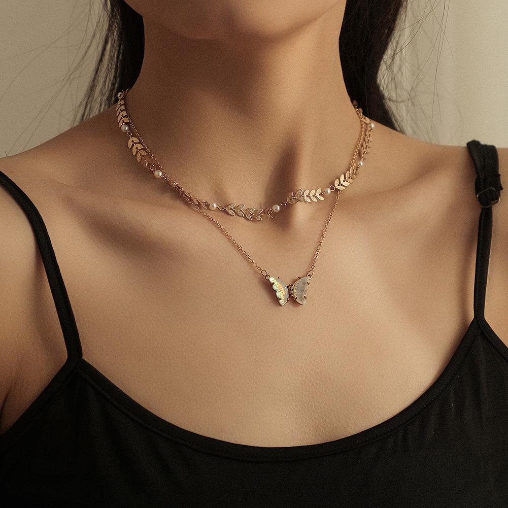 Temperament pearl wheat ear double-layer clavicle chain stainless steel gold-plated color shellfish butterfly titanium steel pendant necklace jewelry