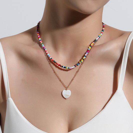 Jewelry Fashion Colorful Rice Beads Heart Shell Necklace Women's Double Layer Versatile Personality Handmade Necklace