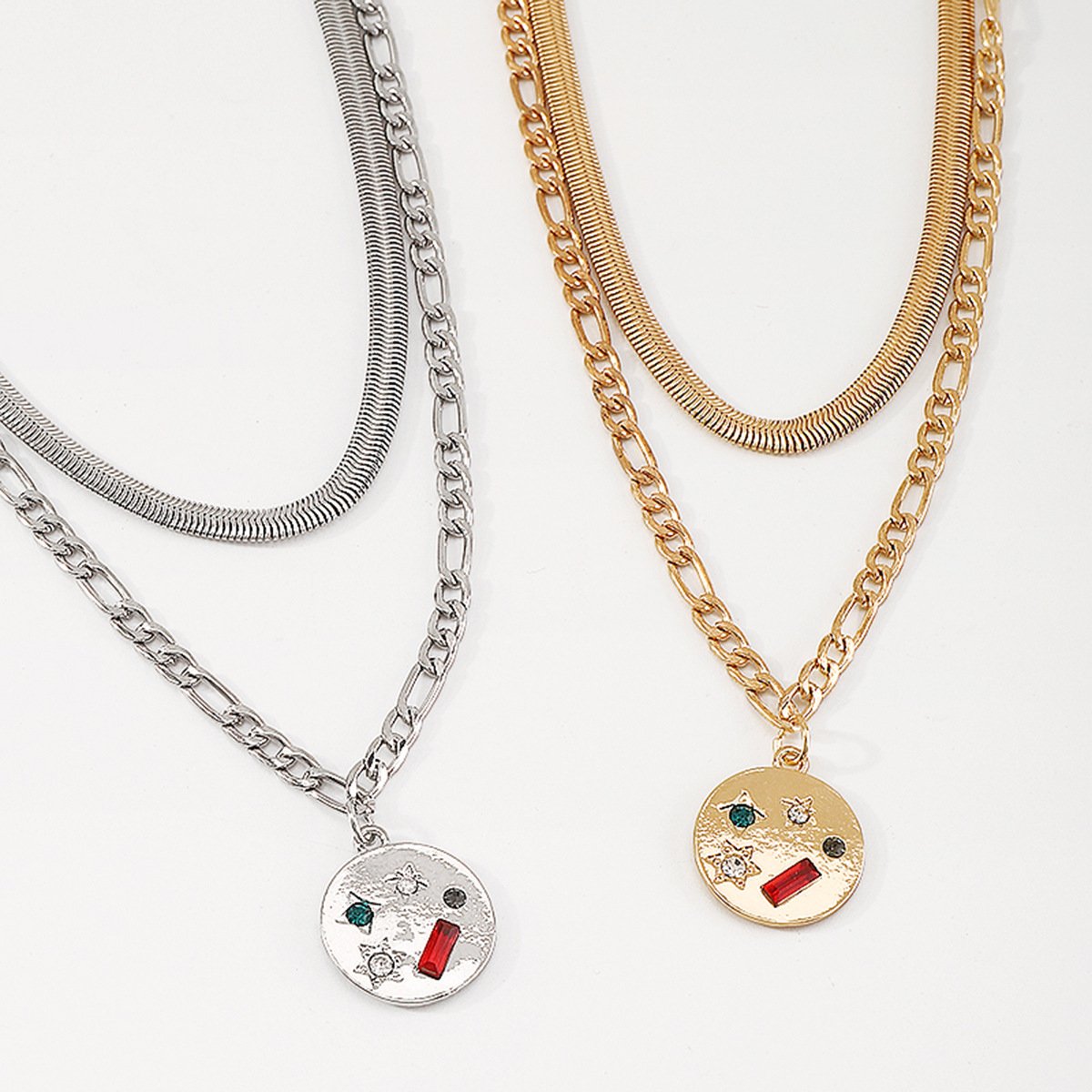 N1758 Sweet and Cool Stacked Necklace Round Pentagram Rhinestone Necklace Simple Metal Geometric Necklace