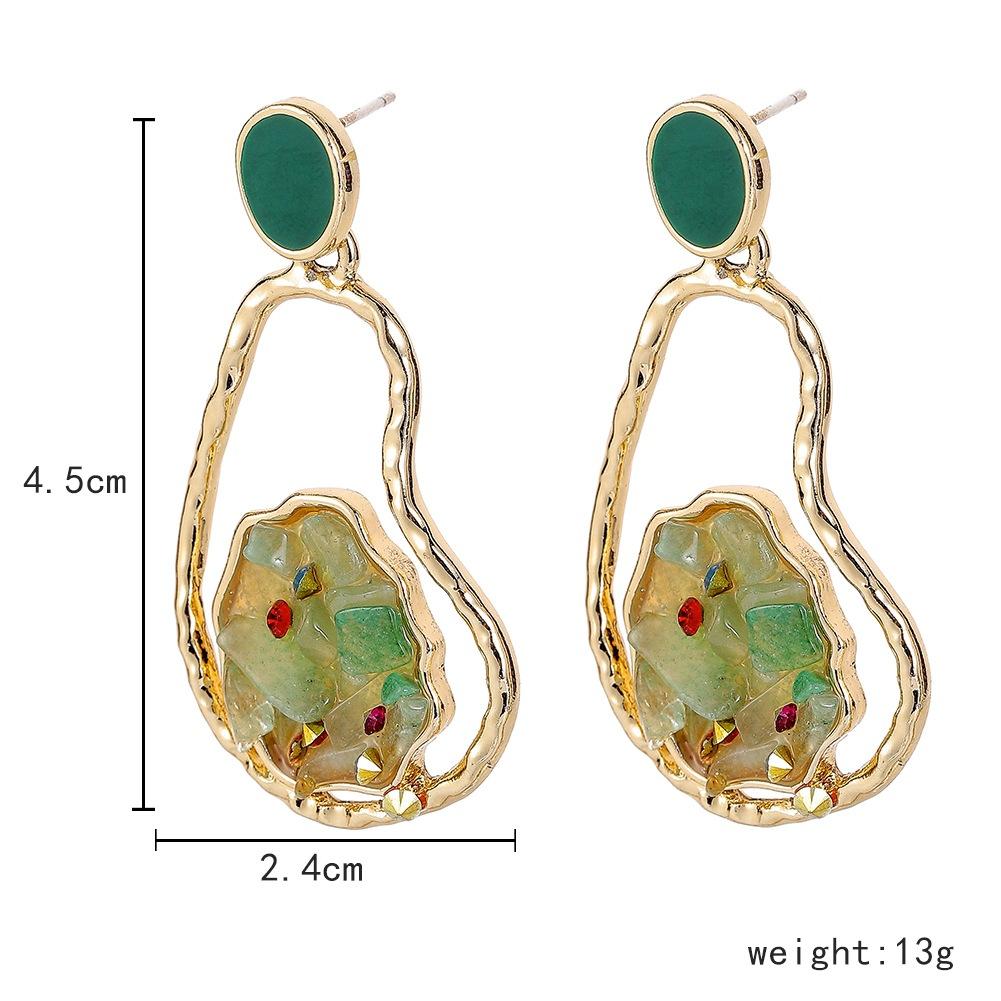 Irregular geometric fashion hollow green aventurine crushed stone earrings personality dripping oil gourd earrings