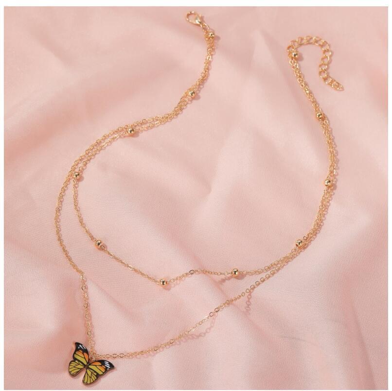 Double Bead Chain Colorful Butterfly Necklace Dreamy Butterfly Clavicle Chain Trendy Women's Jewelry Short Chain