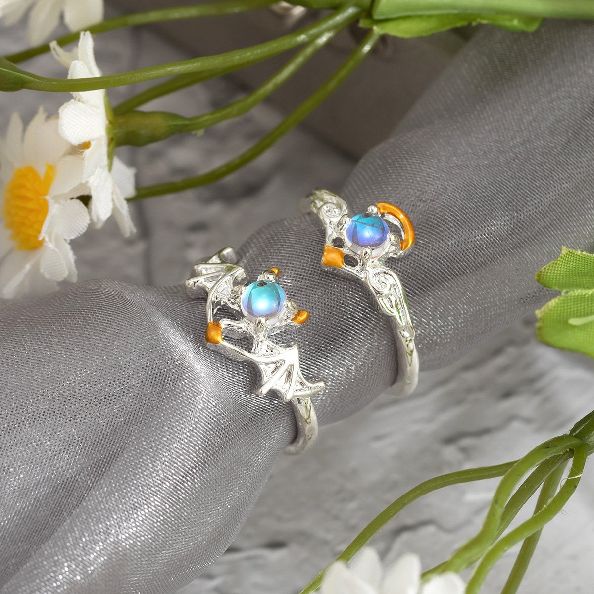 Jewelry simple cold geometric moonstone ring set female personality bat micro-inlaid ring