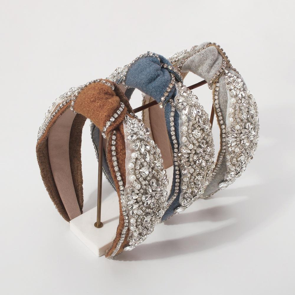F3654 Jewelry fashion velvet knotted headband with diamonds and imitation pearl wide-brimmed French temperament headband