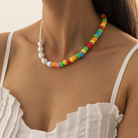 Jewelry fashion special-shaped imitation pearl collarbone necklace colorful beaded asymmetrical beaded necklace female