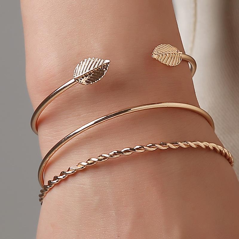 Simple personality bracelet fashion twist leaves three-piece geometric open bracelet