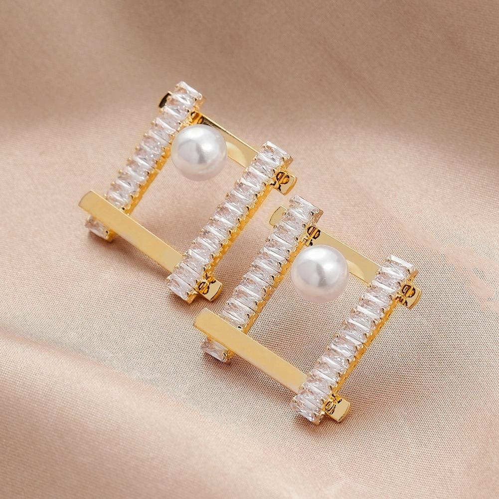 European fashion full diamond pearl retro square earrings ins simple zircon temperament square earrings jewelry